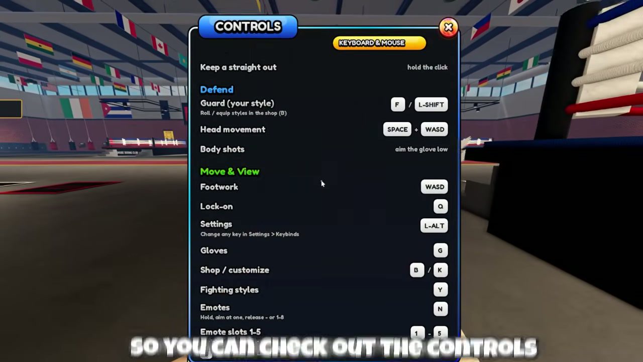First Person Boxing Controls panel listing Guard F or Left Shift, head movement Space plus WASD, body shots aim the glove low, footwork WASD, lock-on Q and settings Left Alt
