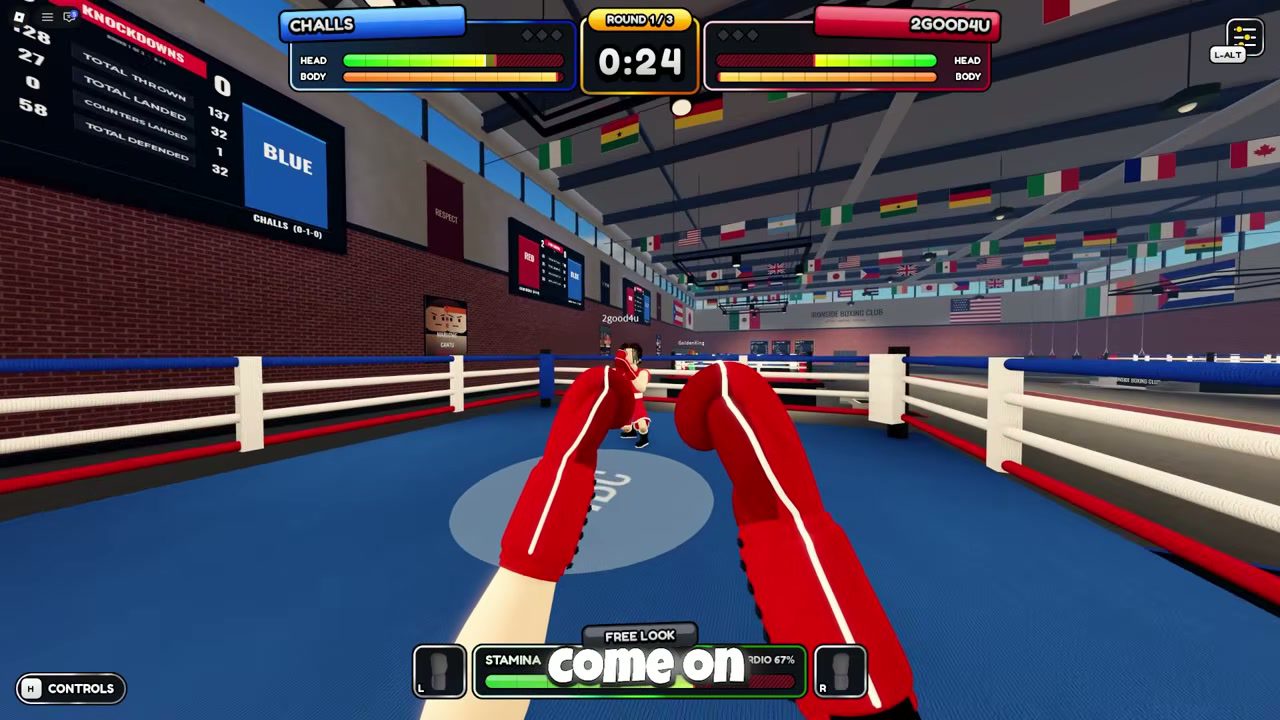 First Person Boxing fight HUD with HEAD and BODY bars for each boxer, a round timer showing Round 1 of 3, a ring scoreboard with knockdowns and punches landed, and a stamina bar with cardio percentage