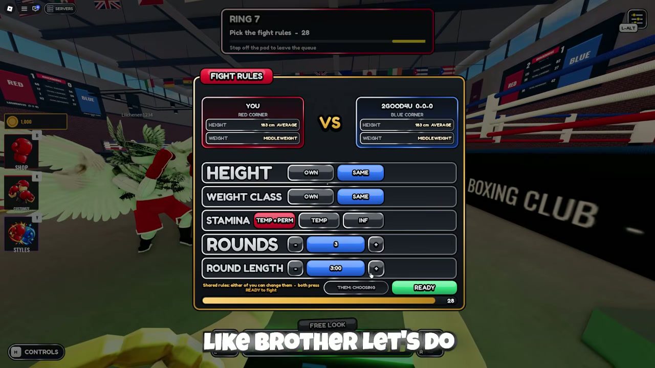 First Person Boxing Fight Rules screen comparing both boxers' height and weight, with options for Height Own or Same, Weight Class Own or Same, Stamina Temp plus Perm, Temp or Inf, Rounds 3 and Round Length 3:00