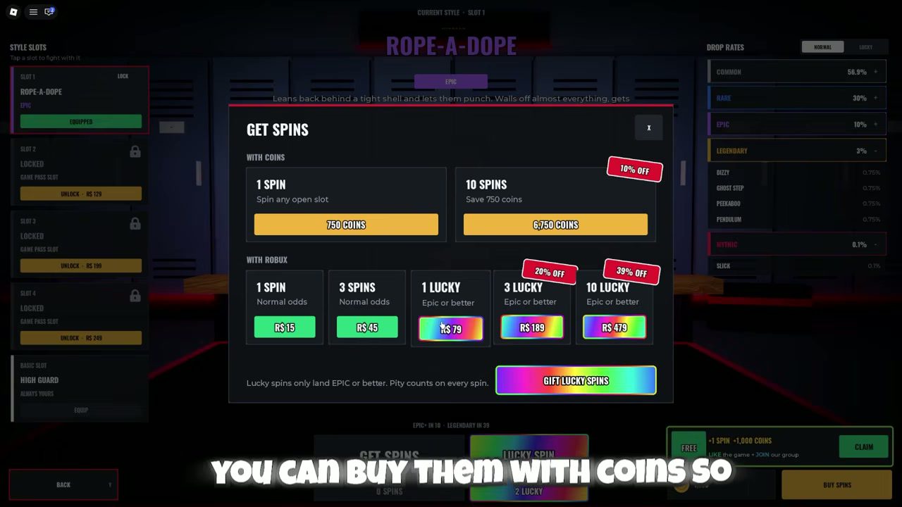First Person Boxing Get Spins shop: 1 spin for 750 coins, 10 spins for 6,750 coins, and Robux options from R$15 for one spin to R$479 for ten Lucky spins