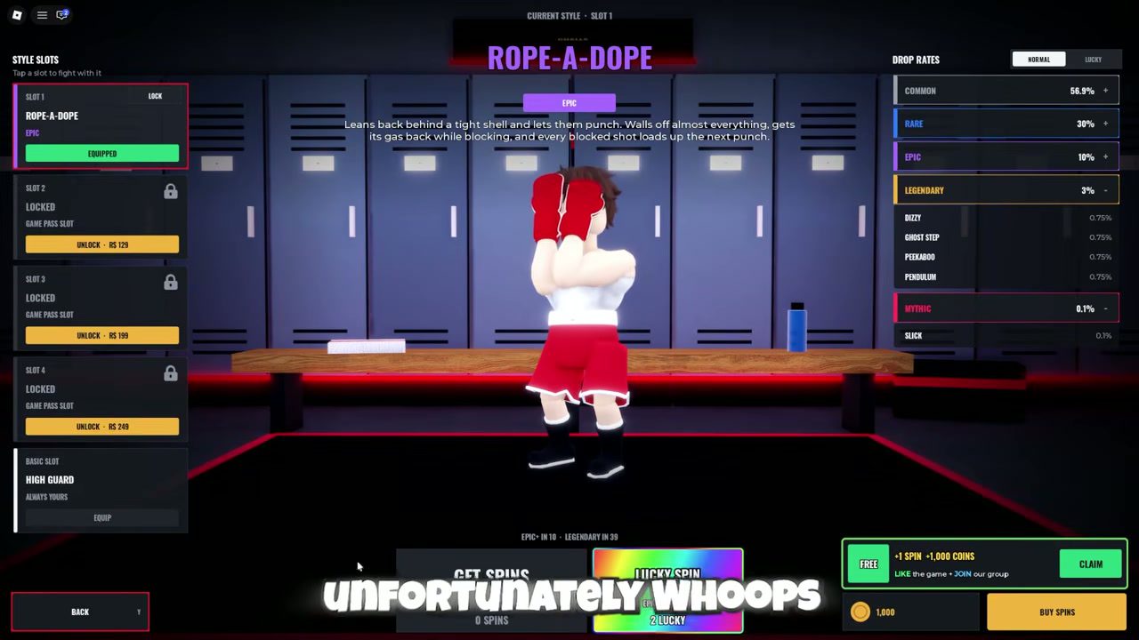 First Person Boxing Styles screen with Rope-a-Dope equipped in slot 1, locked slots 2 to 4, and the Drop Rates panel listing Common 56.9%, Rare 30%, Epic 10%, Legendary 3% and Mythic 0.1%